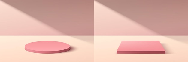 Set of abstract 3D pink cylinder and cube pedestal podium with pastel pink wall scene in shadow