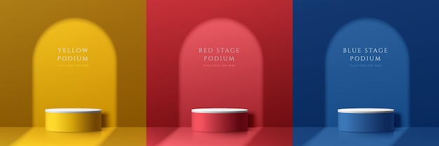 Set of abstract 3D room with yellow blue and red realistic cylinder pedestal podium Minimal scene