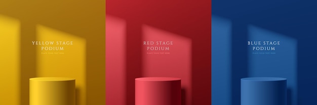 Set of abstract 3D room with yellow dark blue and red realistic stand or podium and window shadow