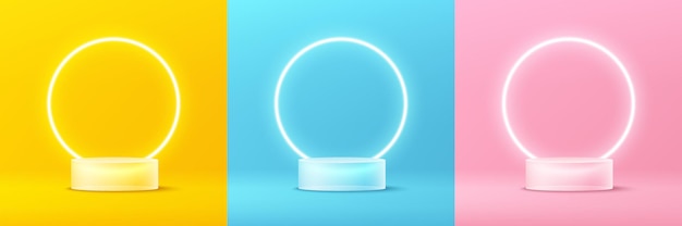 set of abstract 3d transparent glass cylinder podium with glowing neon ring and pastel wall scene