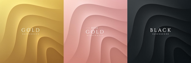 Set of abstract 3D waves ripples pattern on golden pink gold black background topo contour lines