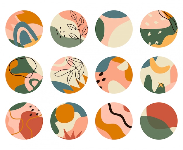 Set of abstract backgrounds. Different abstract shapes. Isolated abstract round icons for stories highlights. Hand drawn doodle objects and shapes.