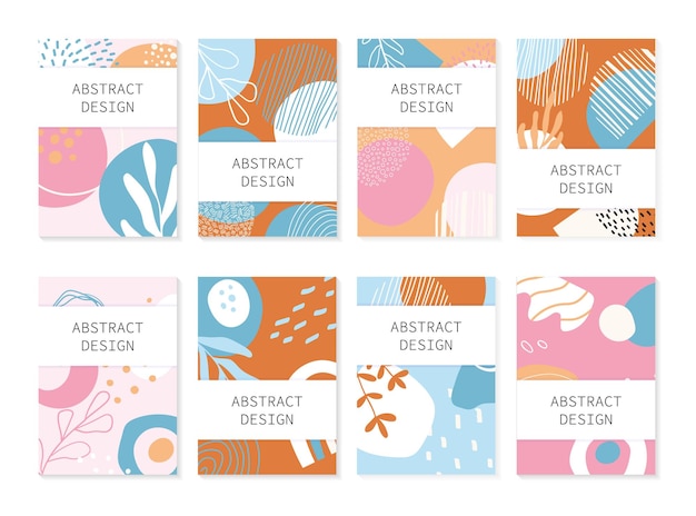 Set of abstract backgrounds. Hand drawn design for flyer print and web. Pastel and bright colors. 