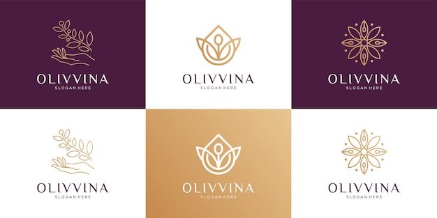 Set of abstract beauty flower, olive oil, branch and feminine logo design collection.