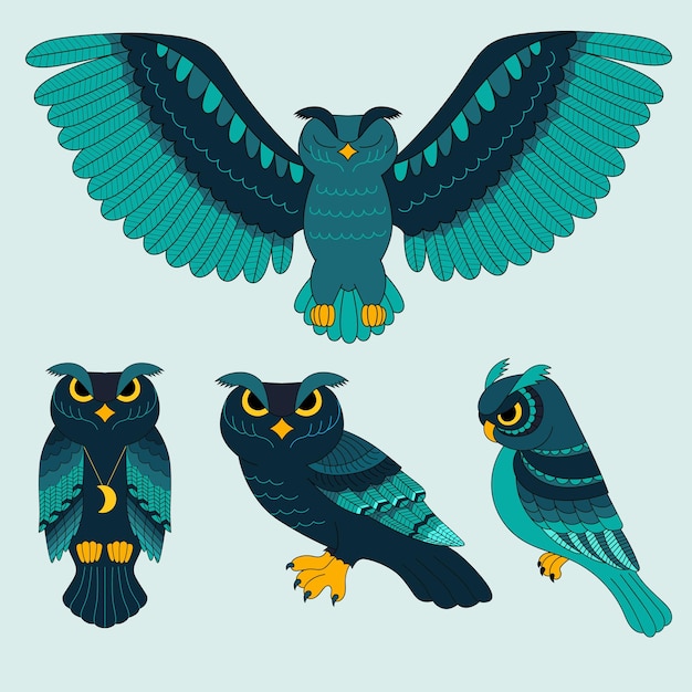 Set of Abstract blue owls for decoration design. Isolated icon. Color cartoon vector illustration