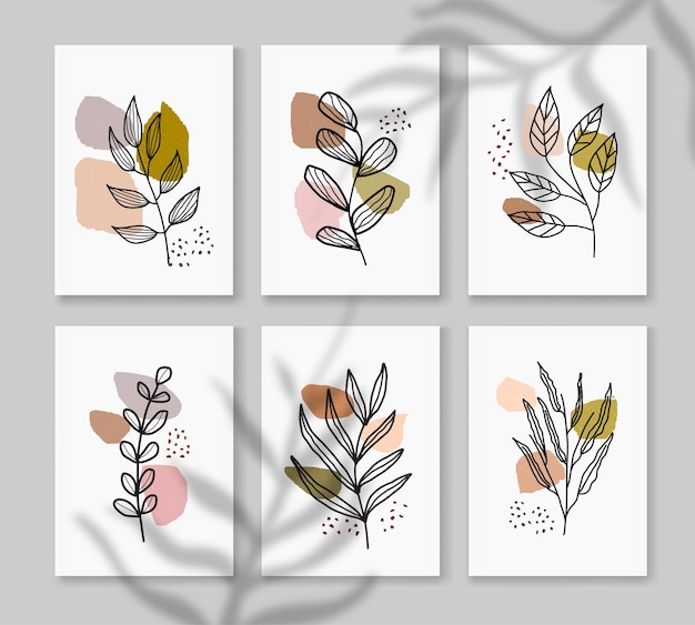 Set of  Abstract Boho wall art in minimal and natural style with tropical leaf.