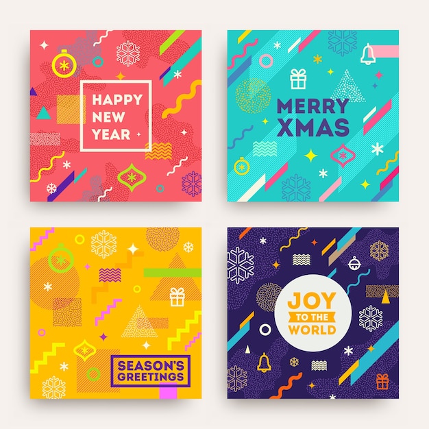 Set of abstract Christmas background with multicolored geometric shapes, holiday signs and symbols