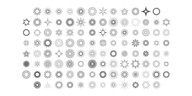 Set Abstract Collection Round Circles Starburst Sunburst Sunset Black Line Doodle Design Elements