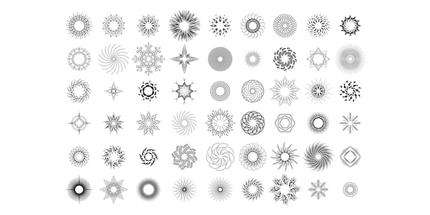 Set Abstract Collection Round Circles Starburst Sunburst Sunset Black Line Doodle Design Elements