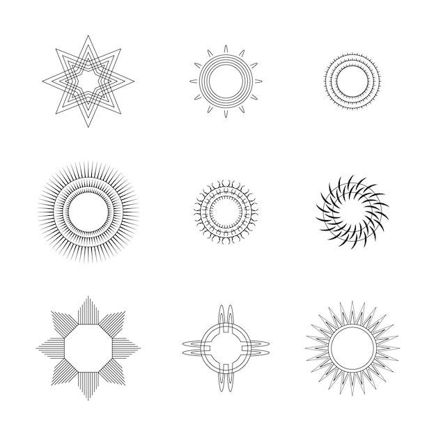 Set Abstract Collection Round Circles Starburst Sunburst Sunset Black Line Doodle Design Elements