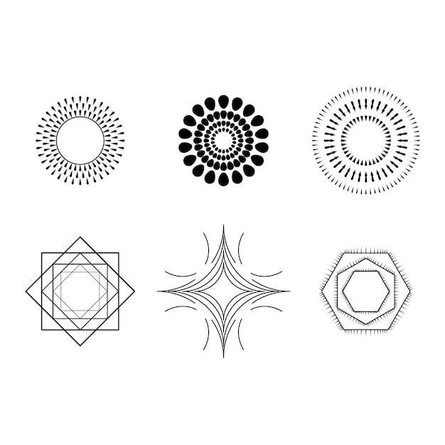 Set Abstract Collection Round Circles Starburst Sunburst Sunset Black Line Doodle Design Elements