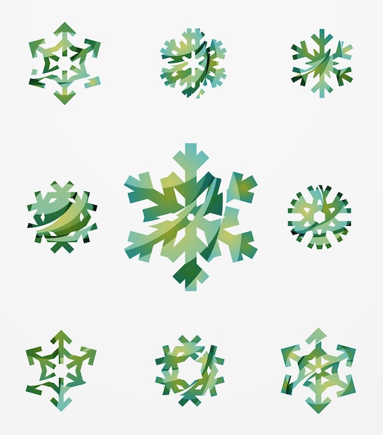 Set of abstract colorful snowflake logo icons winter concepts clean modern geometric design