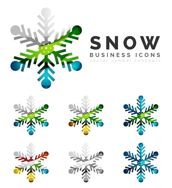 Set of abstract colorful snowflake logo icons winter concepts clean modern geometric design