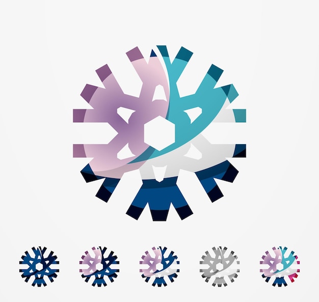 Set of abstract colorful snowflake logo icons winter concepts clean modern geometric design