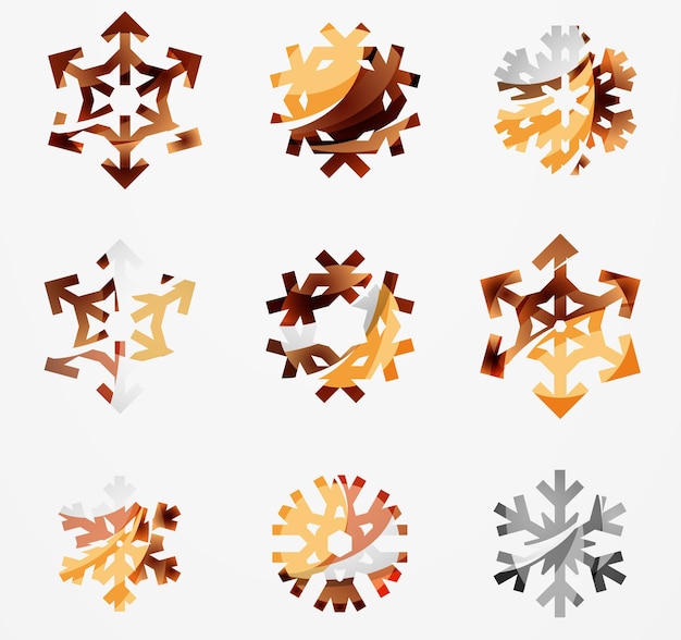 Set of abstract colorful snowflake logo icons winter concepts clean modern geometric design