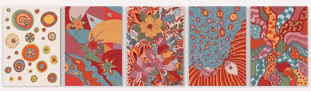 Set of abstract creative artistic hand drawn templates Trendy contemporary designs with flowers