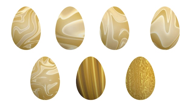 set of abstract  easter egg marble paint color holographic artistic metallic golden egg