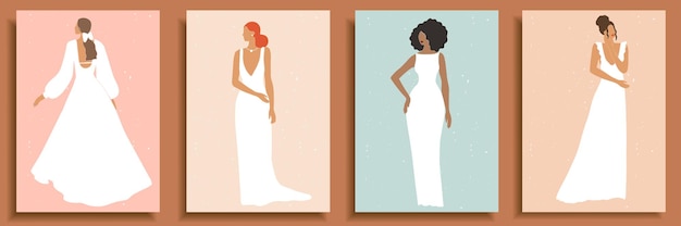 Set of abstract female shapes and silhouettes . Abstract women portraits in wedding dresses in pastel colors.