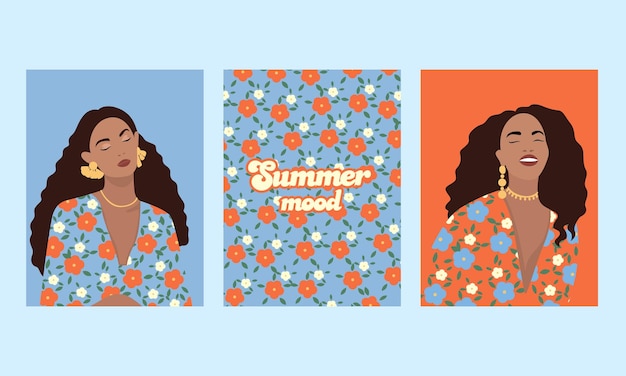 Set of abstract female shapes and silhouettes on retro summer background