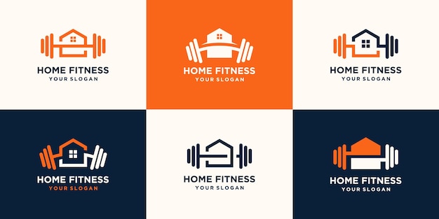 Set of abstract fitness home logo. kettlebell combined dumbbell and heart logo design