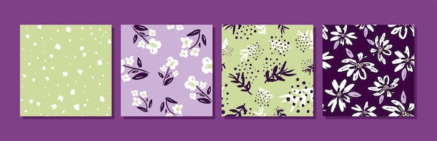 Set of abstract floral seamless patterns with flowers and leaves