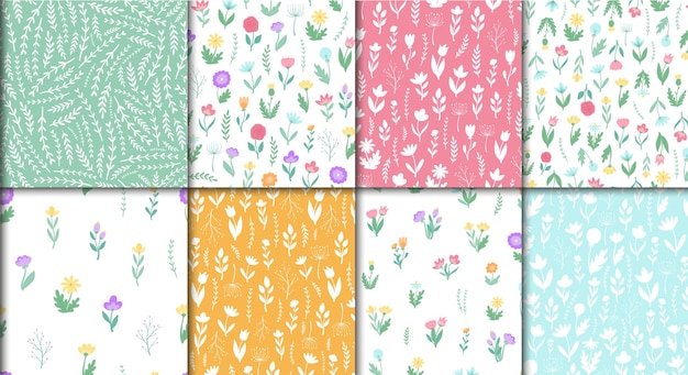 Set of abstract floral seamless patterns with spring wildflowers for textile prints, wallpapers