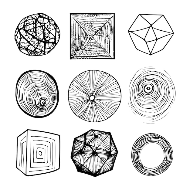 Set abstract geometric shapes grungy hand drawn scribble sketch figure collection