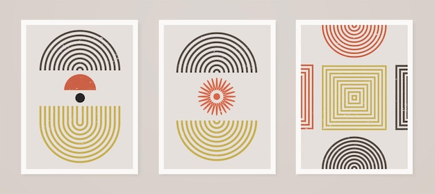 Set of abstract hand painted mid century posters with geometric shapes Composition design for wall decoration cover social media brochure design branding print