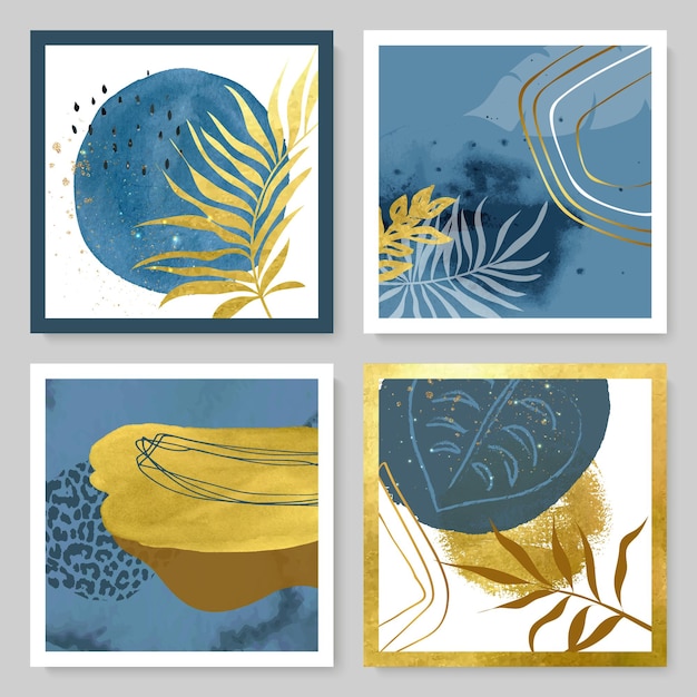 Set of abstract illustrations with watercolor texture gold strokes and tropical leaves Minimalistic