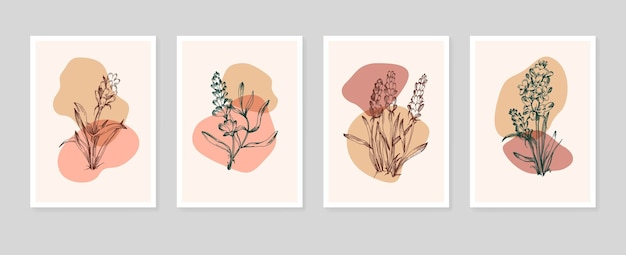 Set of Abstract Lavender Hand Painted Illustrations for Wall Decoration, minimalist flower in sketch