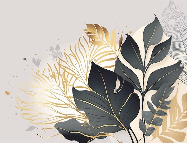 A set of abstract leaves with gold and silver colors on a gray background.