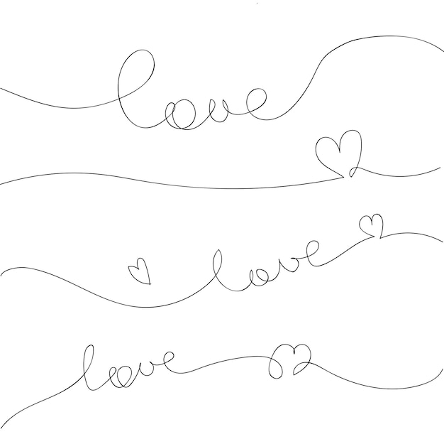 Set of abstract lettering Love and heart drawn by continuous line art on a white background vector