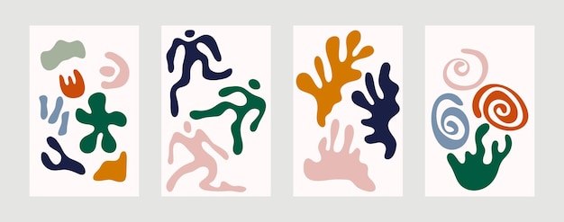 Set abstract modern matisse style posters. Organic, slices, people in dance, coral, seaweed, flowers