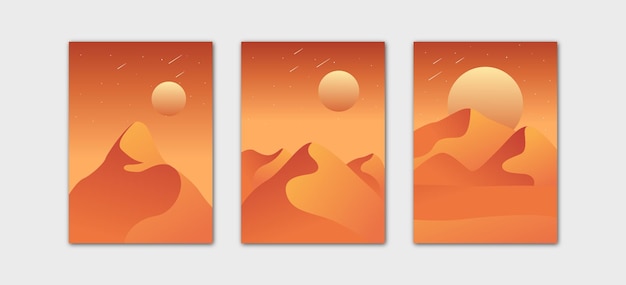 Set of abstract mountain landscapes in arches at sunset