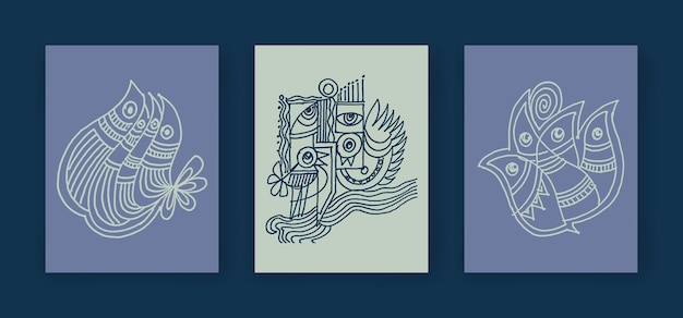 set of  abstract ornamental folk bird line art