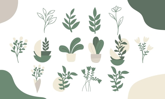 Set of Abstract plant Hand drawn colored Vector Set Floral design colorful trendy illustration