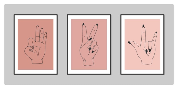 Set of abstract posters with different hand gestures Hand drawn doodle vector