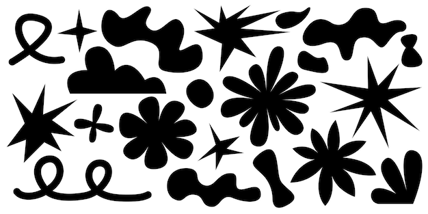 Set of abstract retro shapes Vector sticker pack Collection of contemporary forms funny flower bubble star loop in trendy 70s 90s groovy cartoon style