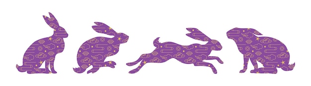 Set of abstract silhouette purple rabbits for mid autumn festival. Chuseok. Chinese Mooncake, moon