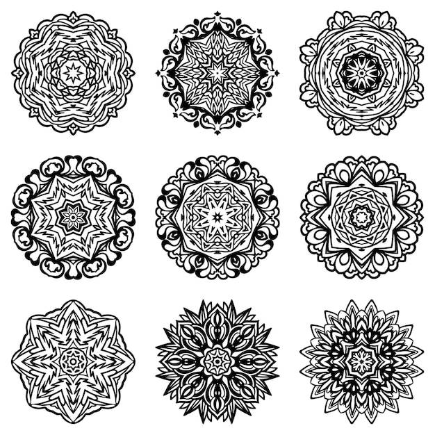 Set of abstract snowflake  silhouette and frame. Black and white mandala ornamental decorative shapes.