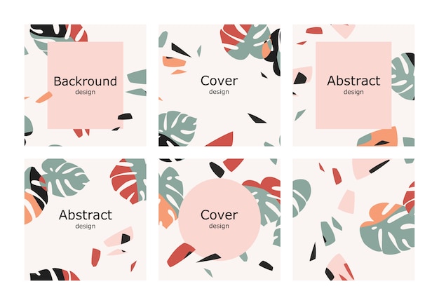 set of abstract social media post design with monstera leaves