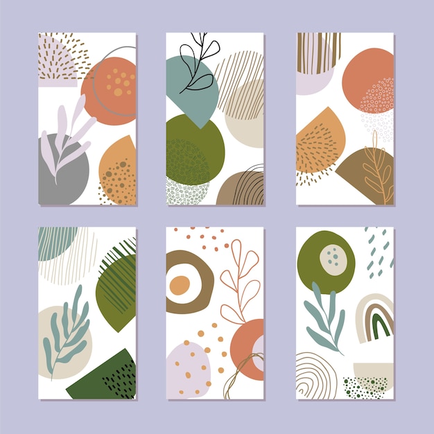 Set of abstract story backgrounds. Hand drawn natural pattern in trendy style. 