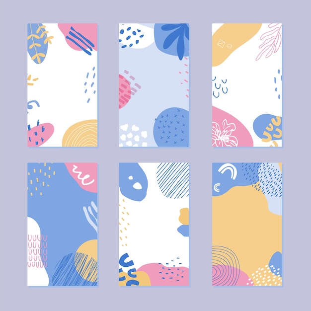 Set of abstract story template. Hand drawn natural pattern in trendy style.