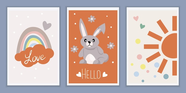 Set of abstract templates in Scandinavian style with a cute bunny