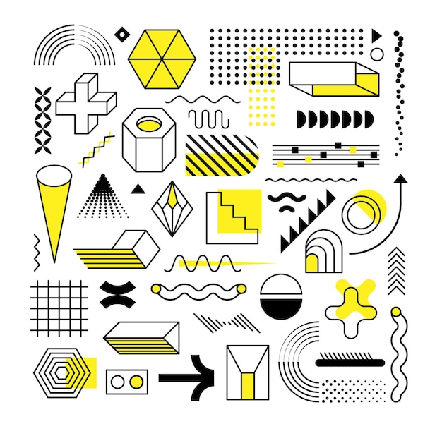 Set of abstract trendy geometric shapes and design elements with bright yellow elements.