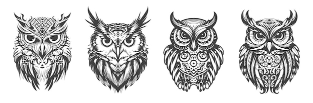 Vector set of abstract vector designs of owl silhouettes