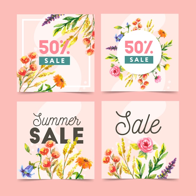 Set of abstract web banner templates with floral background. Different sizes