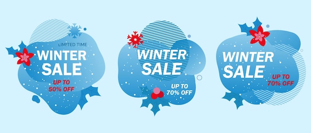 Set of abstract winter banners.Winter sale.Colorful gradient shapes with holly leaves.Vector design.