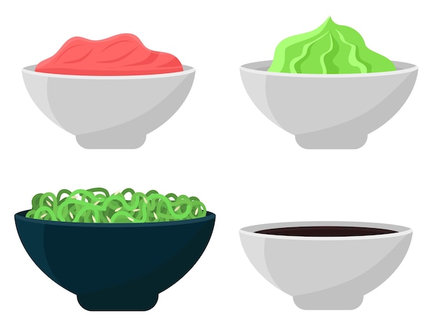 A set of additives for sushi. Soy sauce, wasabi, ginger and horseradish