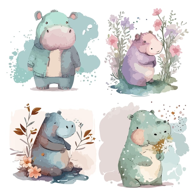 Set of adorable cute doodle hippo with watercolor illustration